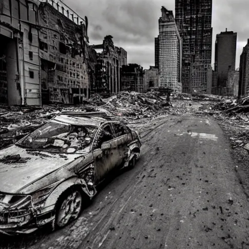 Image similar to new york abandoned, post apocalyptic, damage road