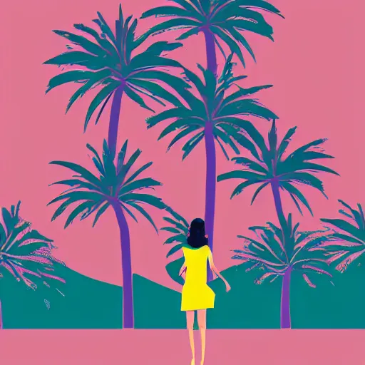 Image similar to woman walking with backdrop showing the sky, palm trees. the tiger has sharp claws and teeth. in minimal colourful geometric illustration style digital painting