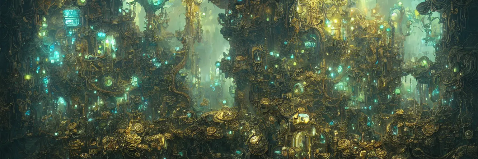 Prompt: Marc Simonetti, Mike Mignola, smooth polished metal with detailed line work, Mandelbulb flowers and trees, Exquisite detail, blue neon details, green neon details, white neon details, hyper detailed, intricate illustration, golden ratio, steampunk, smoke, neon lights, steampunk desert background, by peter mohrbacher