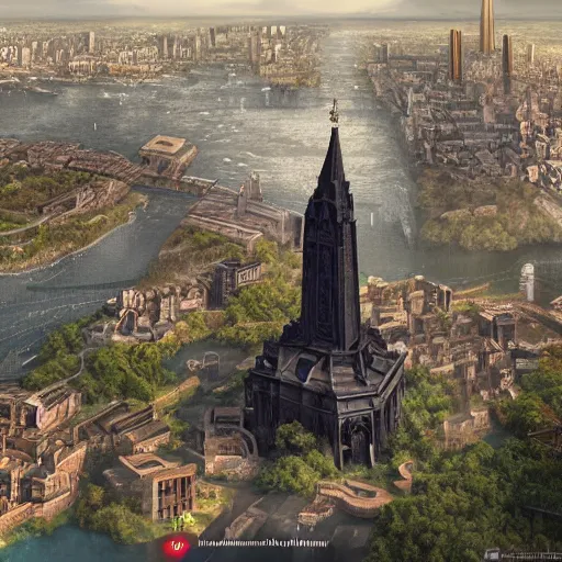 Image similar to an ultra detailed matte painting of the one impossibly tall ominous black spire in the palace district on an island in a river elevated high above the city fortress tower, fantasy capital city, ultrawide lense, aerial photography, volumetric lighting, exquisite detail, octane render, 8 k postprocessing, art by artgerm and greg rutkowski and alphonse mucha