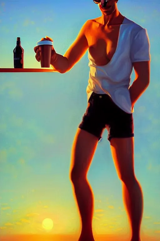 Image similar to attractive man drinking coffee, sunset, painting by jean giraud, vladimir volegov, ross tran, tom of finland, trending on artstation