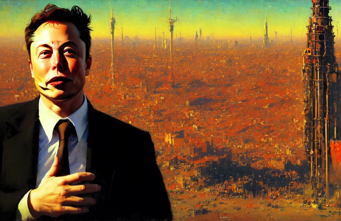 Image similar to portrait of elon musk!!!!!!!!!!!!!!!!!!!!!!!!!!!, detailed face, detailed painting, detailed city background, epic lighting, by ilya repin and phil hale