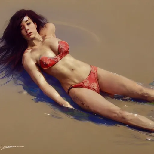 Image similar to halsey in a bikini, 8 k octane beautifully detailed render, post - processing, extremely hyper - detailed, intricate, epic composition, cinematic lighting, masterpiece, trending on artstation, masterpiece, stunning art by anders zorn, wonderful masterpiece by greg rutkowski, beautiful cinematic