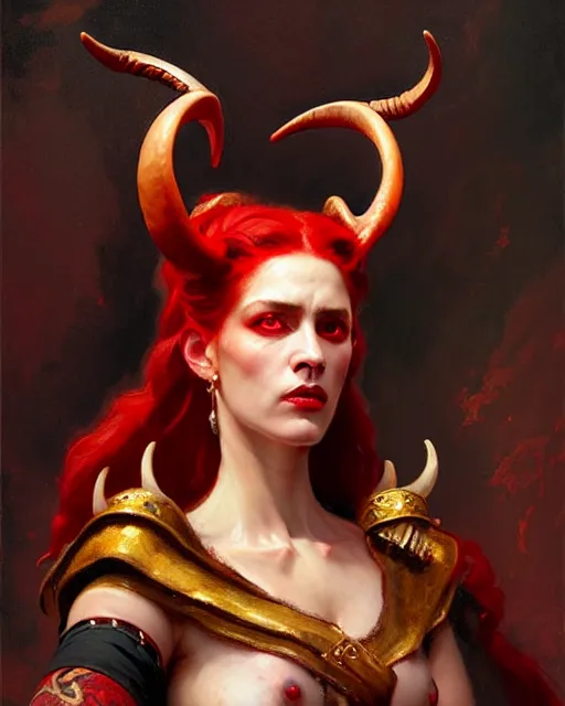 Image similar to painted close - up portrait of an attractive red - skinned intimidating demon queen with ram horns. oil painting, wearing a noblewoman's outfit, fantasy art by greg rutkowski and john singer sargent and gaston bussiere, demon noble character design