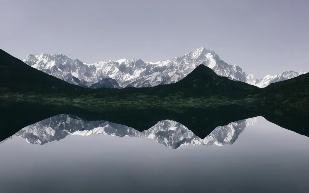 Image similar to the alps and reflection in a lake in the style of georgia o keefe