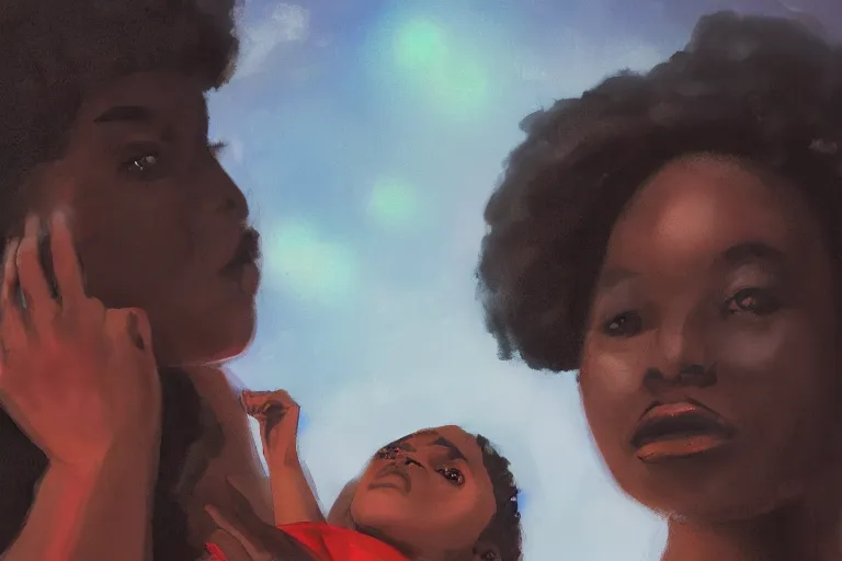 Image similar to a black woman ancestor watching her kids from the sky ( ( ( ( volumetric light ) ) ) ), high angle, part by pearl fryar, part by prince damah, cinematic, poetic, smooth, portrait, trending on artstation, cinematic view, illustration, painting.