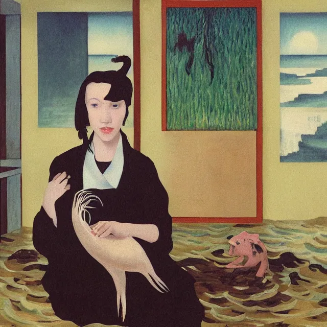 Image similar to tall emo female artist holding a pig's trotter in her flooded kitchen, pomegranates, octopus, water gushing from ceiling, painting of flood waters inside an artist's apartment, a river flooding indoors, ikebana, zen, rapids, waterfall, black swans, canoe, berries, acrylic on canvas, surrealist, by magritte and monet