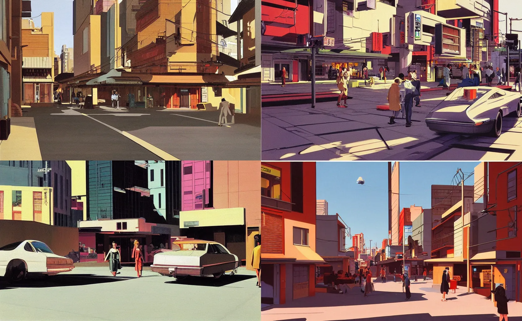 Prompt: an urban Japanese street in the future, painting by Syd Mead and Edward Hopper