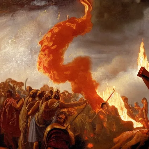 Image similar to emperor nero setting rome on fire, old master painting, ultra realistic details, 8 k