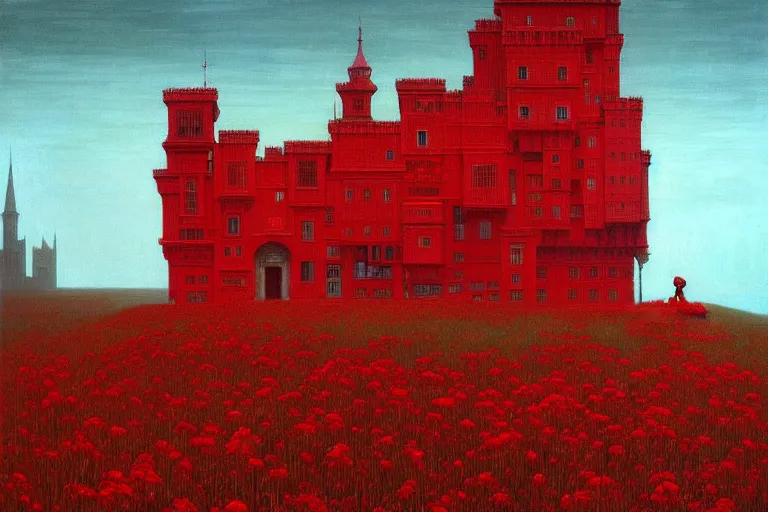 Image similar to only with red, red flowers of different types, red castle in background, red medieval goblins, in the style of beksinski, parts by edward hopper, parts by rodcenko, parts by yue minjun, intricate and epic composition, red by caravaggio, insanely quality, highly detailed, masterpiece, red light, artstation, 4 k