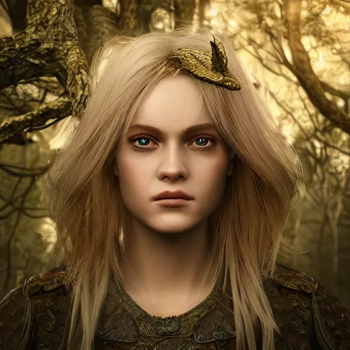 Prompt: very pretty blond dragon girl with scales in a dark forest, perfect symmetrical face, shallow depth of field, moody lighting, single point of light, 8 k, ultra realistic, octane render,