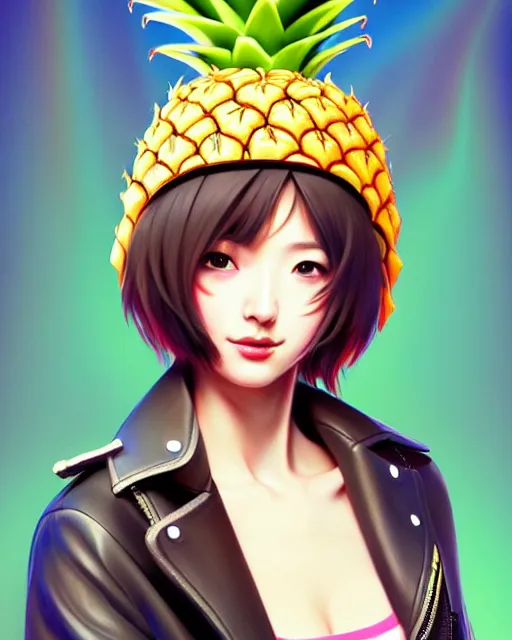 Image similar to pineapple girl wearing a candy hat and leather jacket, fine detail!! anime!! realistic shaded lighting!!, kim hyun joo, digital painting by ilya kuvshinov, magali villeneuve, artgerm, jeremy lipkin and michael garmash and rob rey