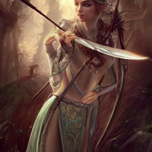 Prompt: a photograpic of elven archers, cute, fantasy, intricate, elegant, highly detailed, digital painting, artstation, long shot, photographic, half-body portrait, concept art, smooth, sharp focus, illustration, art by artgerm and H R Giger and alphonse mucha