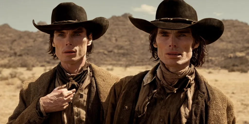 Image similar to rugged bandit cillian murphy in the old west, choking a cowboy, volumetric lighting, cinematic, dark, grim. directed by coen brothers.