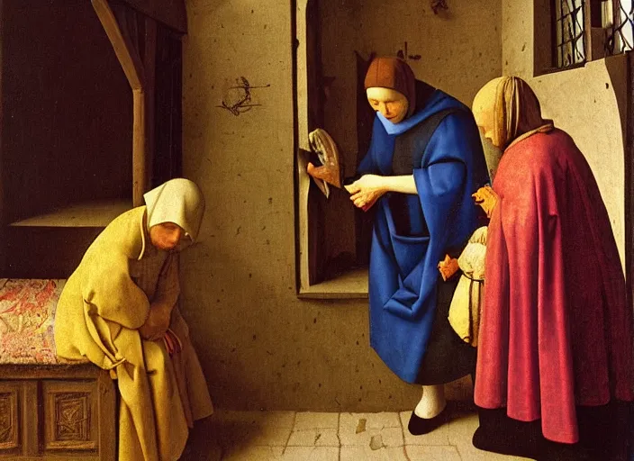 Prompt: A medieval old woman healer treats a boy with herbs, medieval painting by Jan van Eyck, Johannes Vermeer, H 1200