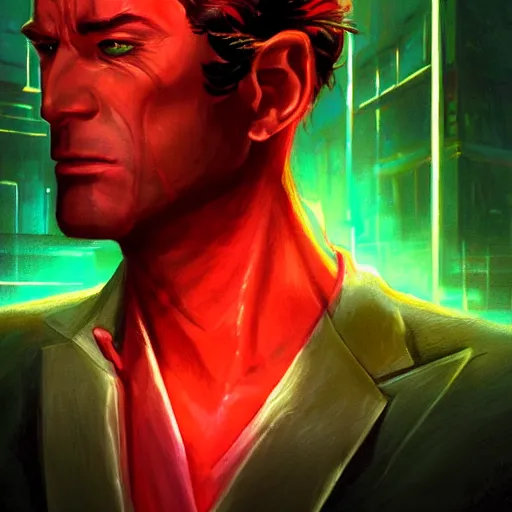 Image similar to portrait of a confident skinny dark haired man with a scar across his left eye wearing a red suit as an evil crime boss, high detail, concept art, neon color, vivid color, floating particles, glowing green eyes, background by john harris + roger dean, artwork by charlie bowater + artgerm + anato finnstark