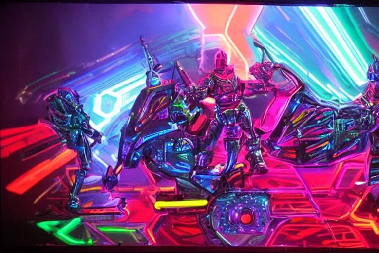 Prompt: knights of Cydonia in futuristic armor ride in neon light in corroded graffit style,