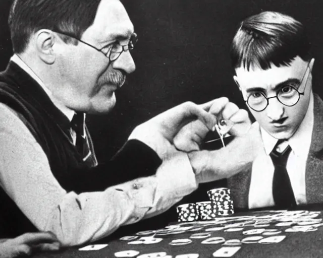 Image similar to harry potter and adolf hitler playing poker together, sharp focus, 8 k