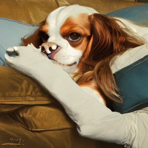 Prompt: a cavalier king charles spaniel who is really bored, tired, lying on a sofa with pillows, oil on canvas, by artgerm and greg rutkowski and alphonse mucha