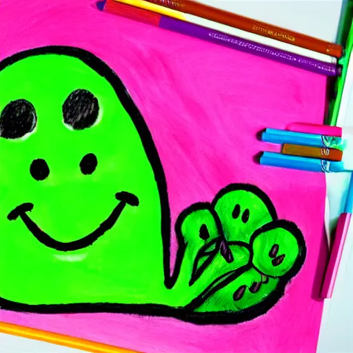 Image similar to a children's drawing of a smiling happy broccoli, he is dancing, vivid bright colors, color pencils are scattered around on the paper