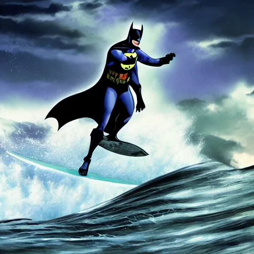 Prompt: Batman surfing on top of a tsunami, photorealistic