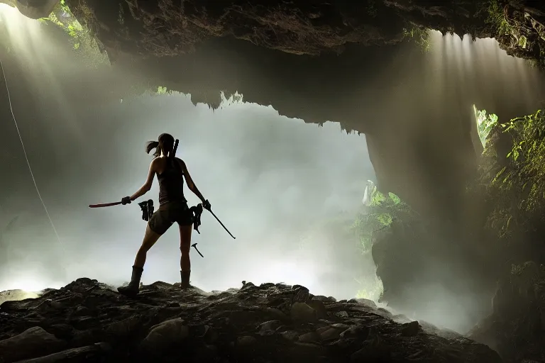 Image similar to Cinematography of Lara Croft discovering in a cave in the amazon jungle by Emmanuek Lubensky