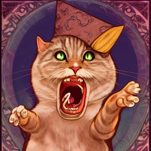 Image similar to a wizard cat is laughing as a small cat, dynamic pose, medium level shot, comedy, fantasy, illustration, mucha style,