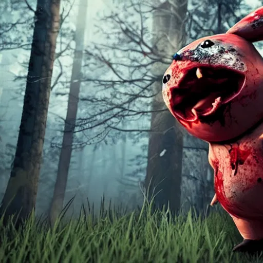 Prompt: 3 d realistic bloody pikachu eating a survivor from the game dead by daylight, dark lighting and heavy fog, videogame screenshot of mori animation