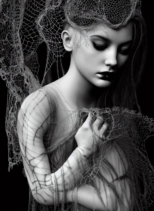 Image similar to surreal mythical dreamy dark artistic black and white fine art photo of a beautiful young female angel - medusa - mermaid - cyborg covered with translucent algae, highly detailed, lace web, rim light, cinematic, studio dramatic light, poetic, octane render, 8 k, photo - realistic, by horst p. horst