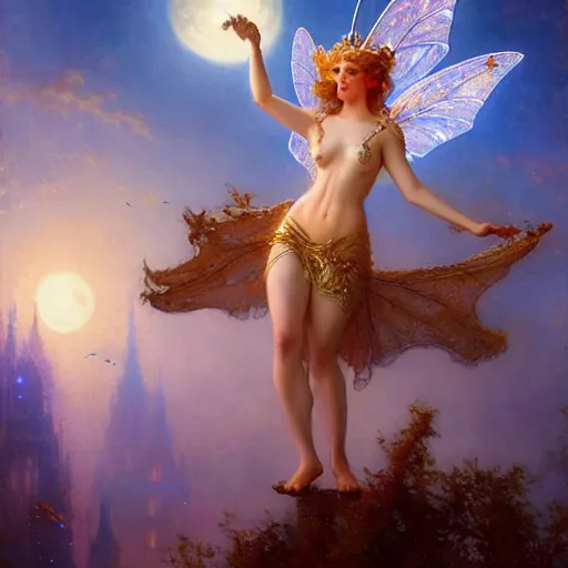 Image similar to attractive fairy queen fly high in the night, fantasy, full moon in background. hyper detailed painting by gaston bussiere, craig mullins, j. c. leyendecker, mid shot, 8 k, cryengone, cinematic lighting, beautiful,