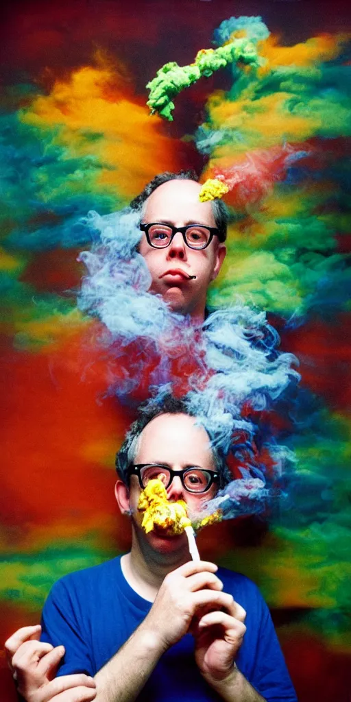 Image similar to award winning photo of todd solondz smoking weed, vivid colors, happy, symmetrical face, beautiful eyes, studio lighting, wide shot art by Sally Mann & Arnold Newman