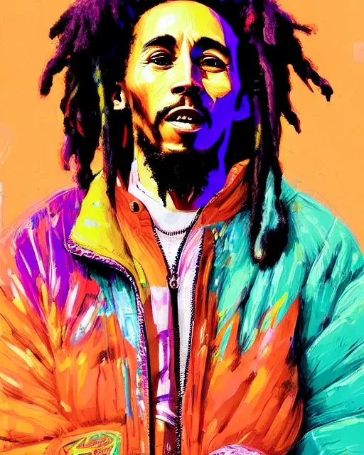 Prompt: detailed full body portrait of Bob Marley, cyberpunk futuristic neon, orange reflective puffy coat, decorated with traditional Japanese ornaments by Ismail inceoglu dragan bibin hans thoma greg rutkowski Alexandros Pyromallis Nekro Rene Maritte Illustrated, Perfect face, fine details, realistic shaded, fine-face, pretty face