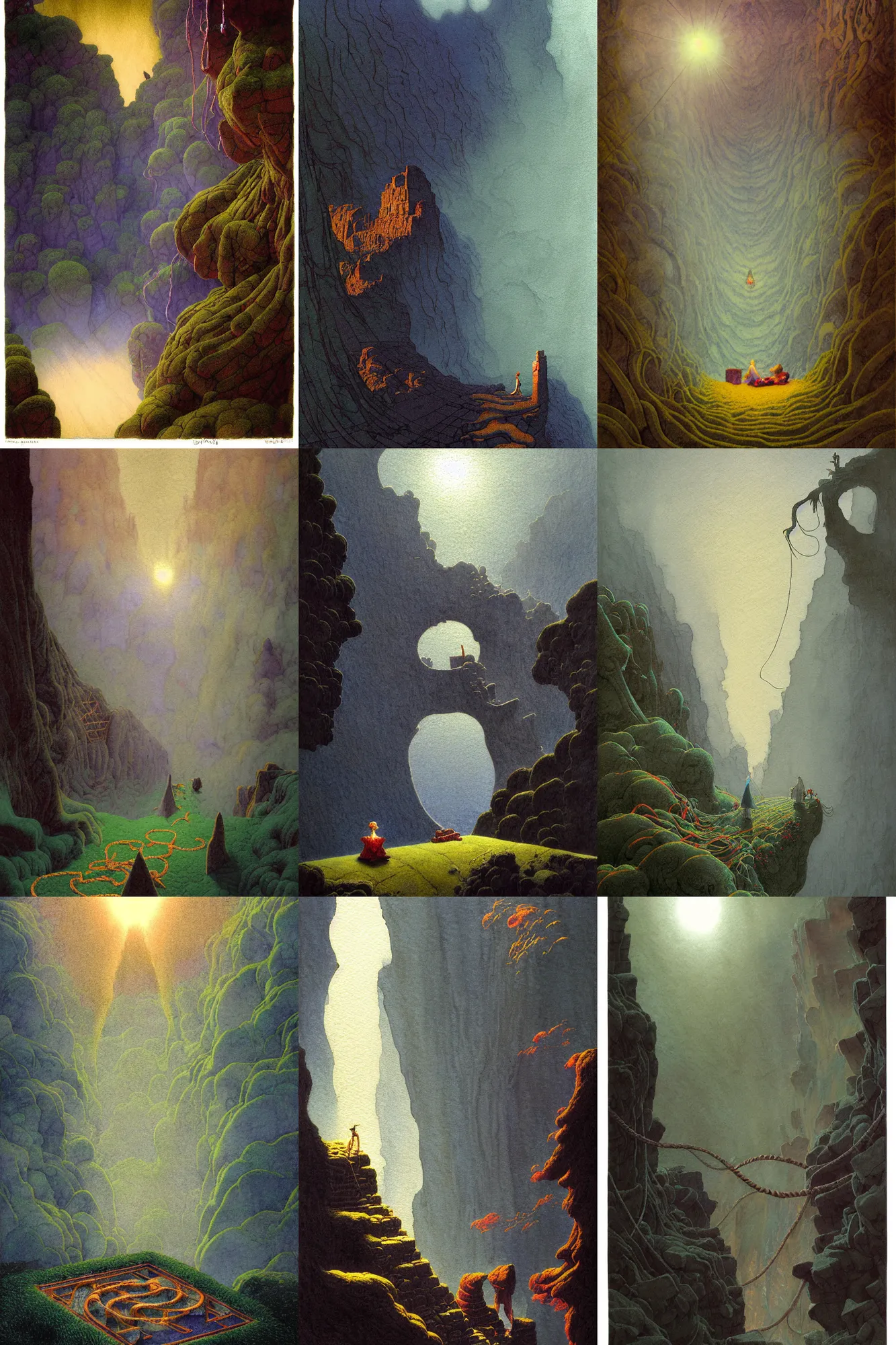 Prompt: dixit card, chasm, faling, rope bridge, fog, mist, lights, night time, labyrinth, picnic, cryptid, intricate, amazing composition, colorful watercolor, by ruan jia, by maxfield parrish, by shaun tan, by nc wyeth, by michael whelan, by escher, illustration, volumetric, bloom, sun puddle