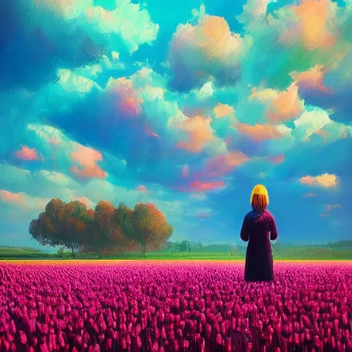 Prompt: large tulip as a head, girl standing in a flower field, surreal photography, sunrise dramatic light, impressionist painting, colorful clouds, digital painting, artstation, simon stalenhag