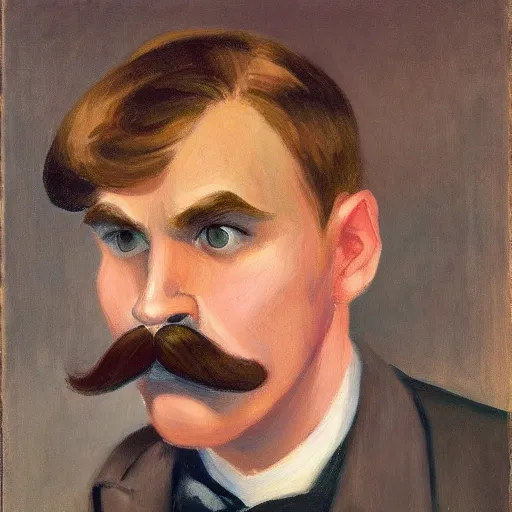 Image similar to a brown haired man with a mustache staring deeply at camera, detailed, edward hopper,