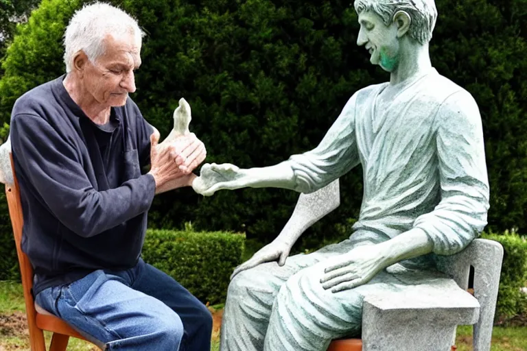 Image similar to a man who is sitting upright in a chair is touching a completed statue