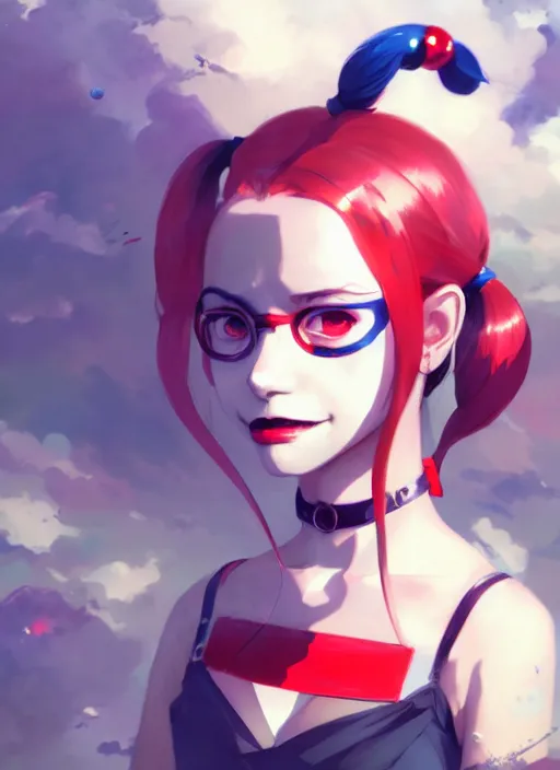 Image similar to portrait of cute harley quinn, cloudy sky background lush landscape illustration concept art anime key visual trending pixiv fanbox by wlop and greg rutkowski and makoto shinkai and studio ghibli