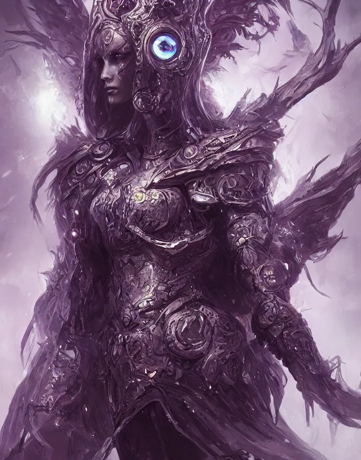 Prompt: an concept art of the void queen, cosmic hair, one eye, intricate details, detailed face, detailed armour, artstation, epic pose, ambient light, by rembrandt
