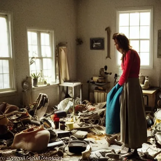 Image similar to a woman with adhd - ip stands in her messy house. folk horror. detailed.