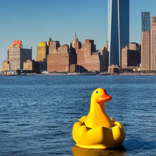 Prompt: a giant rubber ducky floating through new york harbor