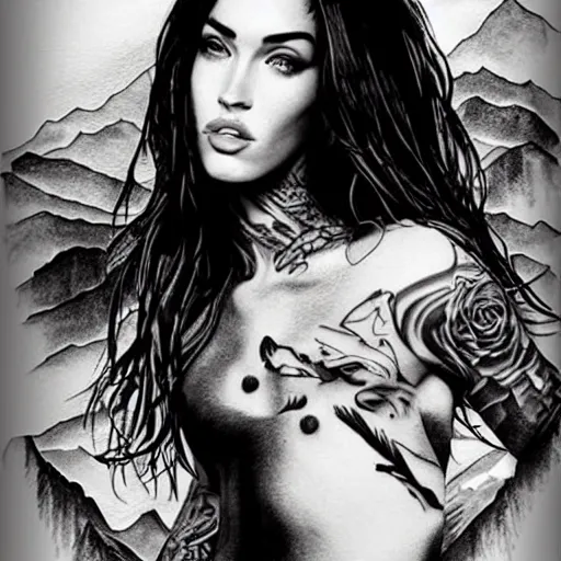 Image similar to megan fox beautiful mountains double exposure effect, medium sized tattoo sketch, amazing detail, on pinterest