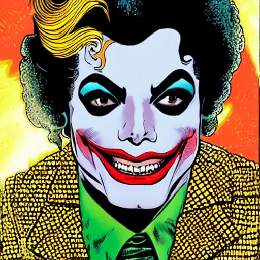 Image similar to dynamic macro head portrait of beautifu michael jackson as the joker in white sequined jacket by john romita sr and cory walker and ryan ottley and jack kirby and barry windsor - smith, comic, illustration, photo real