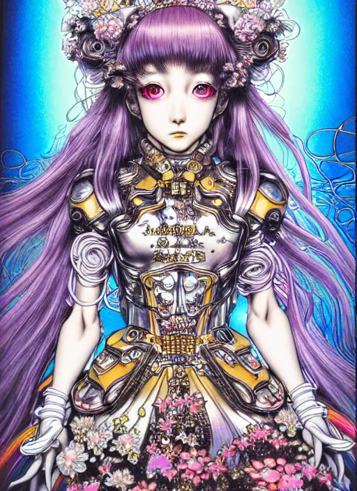 Prompt: highly detailed terada katsuya ayami kojima atrstation manga poster of princess mechine, rainbow gradient reflection, cute face by artgerm, long hair, armor, dress, laces, ruffles, 8 k, maximalist, jump comics