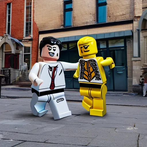 Prompt: lego man aggressively eats another lego man in the street