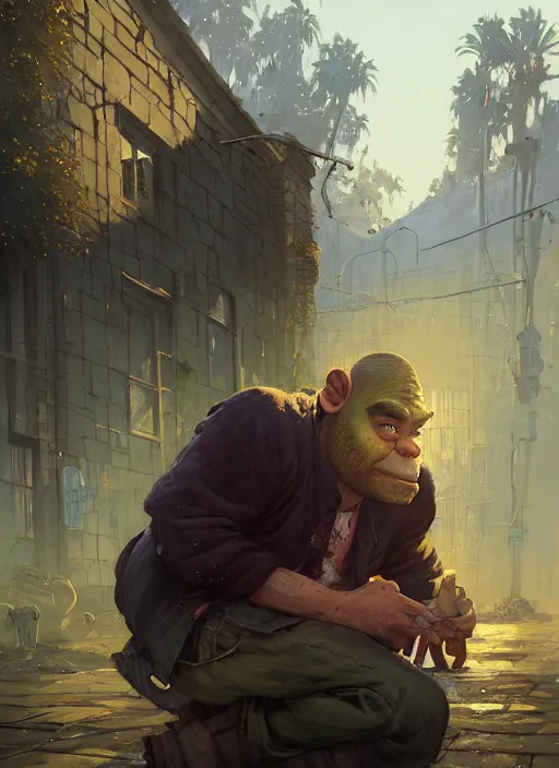 Image similar to Highly detailed portrait of homeless and beaten up Shrek, in GTA V, Stephen Bliss, unreal engine, fantasy art by Greg Rutkowski, Loish, Rhads, ferdinand knab, Makoto Shinkai and Lois van baarle, ilya kuvshinov, rossdraws, Tom Bagshaw, global illumination, radiant light, detailed and intricate environment