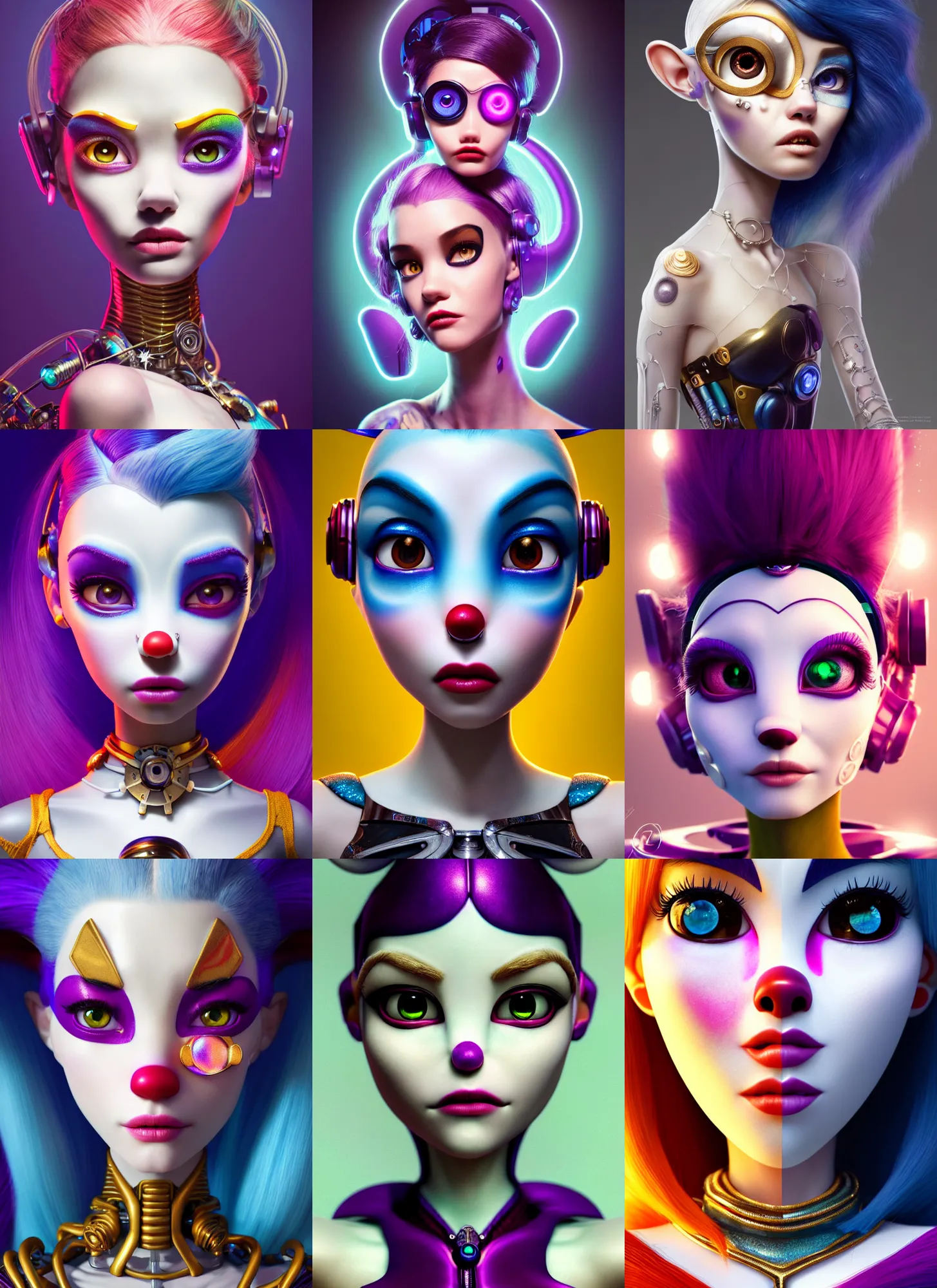 Prompt: pixar portrait 8 k photo, beautiful white avatar rave clowncore madison beer cyborg woman, golden ratio details, sci - fi, fantasy, cyberpunk, intricate, monocle, elegant, highly detailed, digital painting, ever after high, octane render, artstation, concept art, smooth, sharp focus, illustration, art by artgerm, loish, wlop