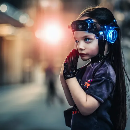 Prompt: a full body photo of a girl dressed in cyberpunk gear with her hands holding a smaller girl in her palm, 5 0 mm lens, f 1. 4, sharp focus, ethereal, emotionally evoking, head in focus, volumetric lighting, blur dreamy outdoor,