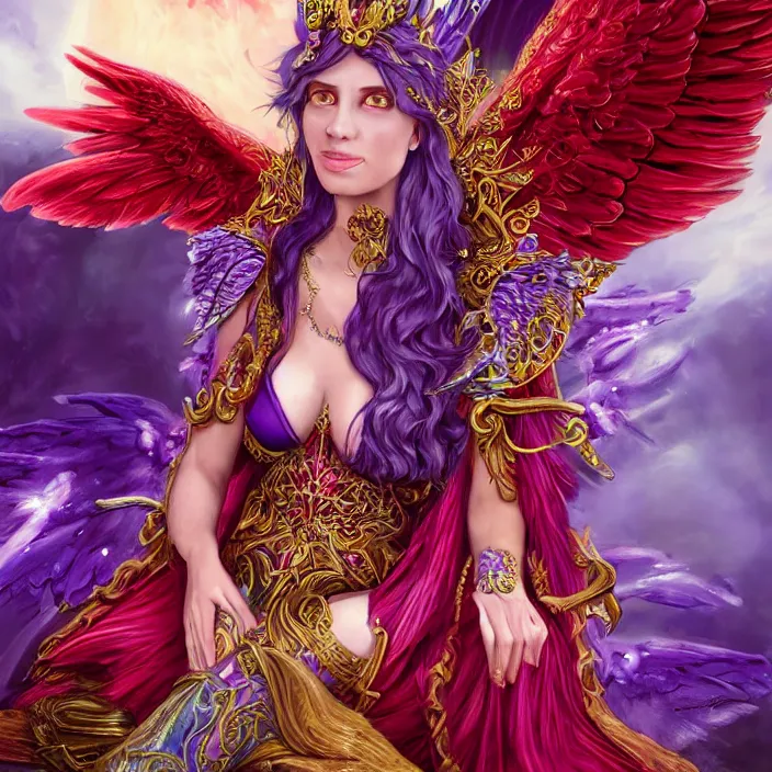 Prompt: Princess sorceress with red flaming bird wings on her back and sitting on an ornate throne dressed in a fancy long purple dress, beautiful hyper realistic face with a Slight smile and vivid blue eyes, Fantasy, Half Body Portrait, High detail, hyper realistic, planeswalker