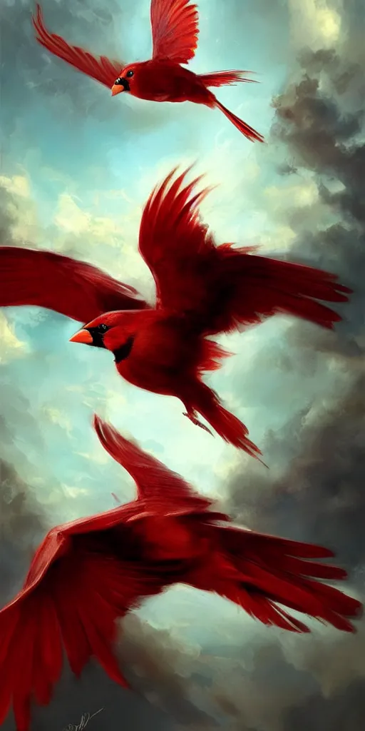 Image similar to a painting of a red cardinal flying through the sky, poster art by raymond swanland, deviantart, fantasy art, christian, deviantart, mystical