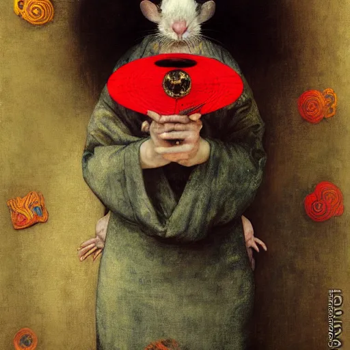 Prompt: a portrait of a rat with human eyes wearing a red kimono, titian, sam spratt, maxfield parrish, gustav klimt, tom bagshaw, mark ryden, alphonse mucha, rembrandt, high quality, painting, oil